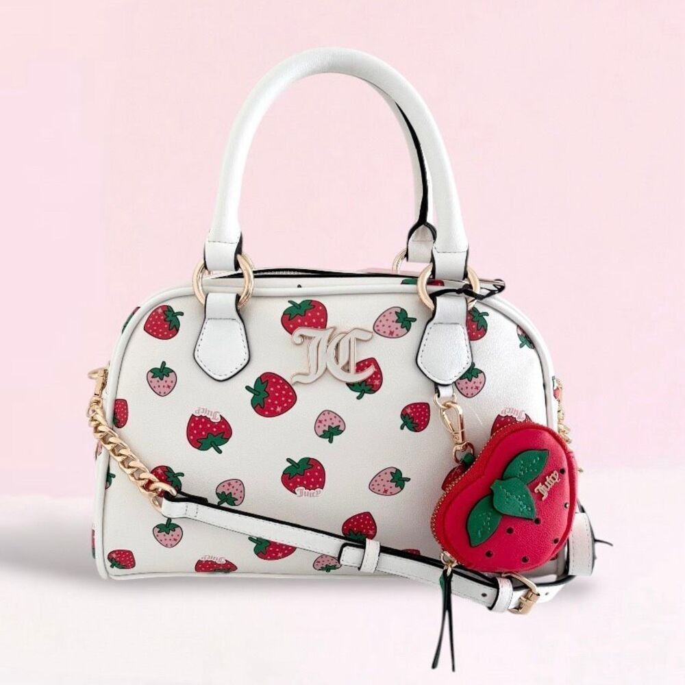 Juicy Couture White Sweet n Juicy LARGE Bowler Bag Satchel Strawberry Coin Purse